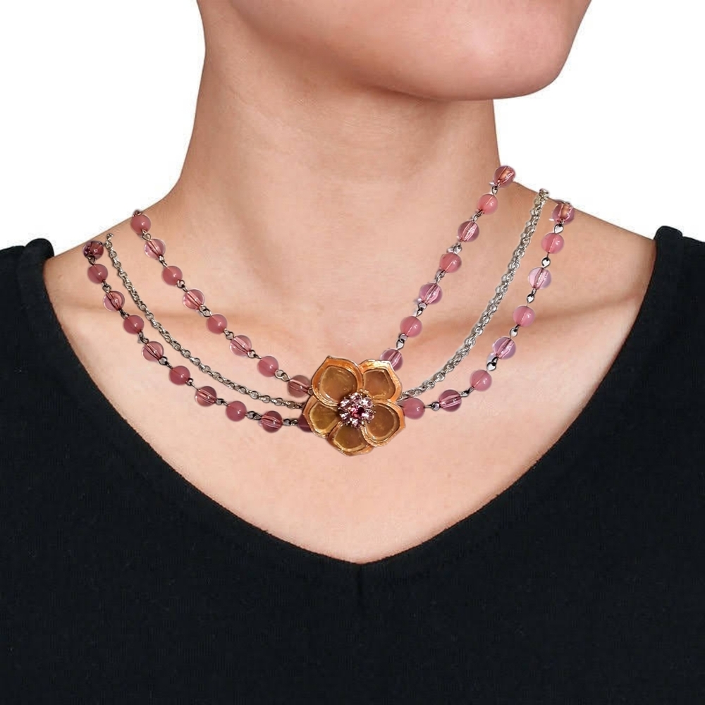 Triple Layer Pink Bead Choker Necklace w/ Orange Flower CZ Center NWOT